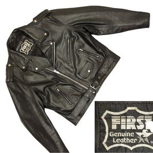 First Genuine Leather black motorcycle jacket Sz 38 unisex